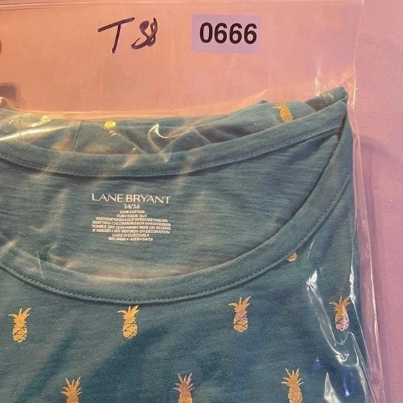 LANEBRYANT teal shirt with gold pineapple print throughout. - Picture 7 of 8